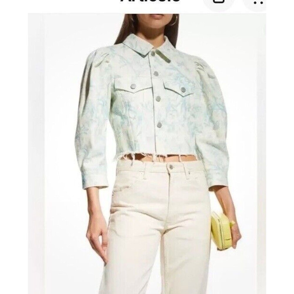 ELIE TAHARI Floral Denim Jacket Cropped Raw Hem White Blue Size M Cotton - Picture 3 of 16